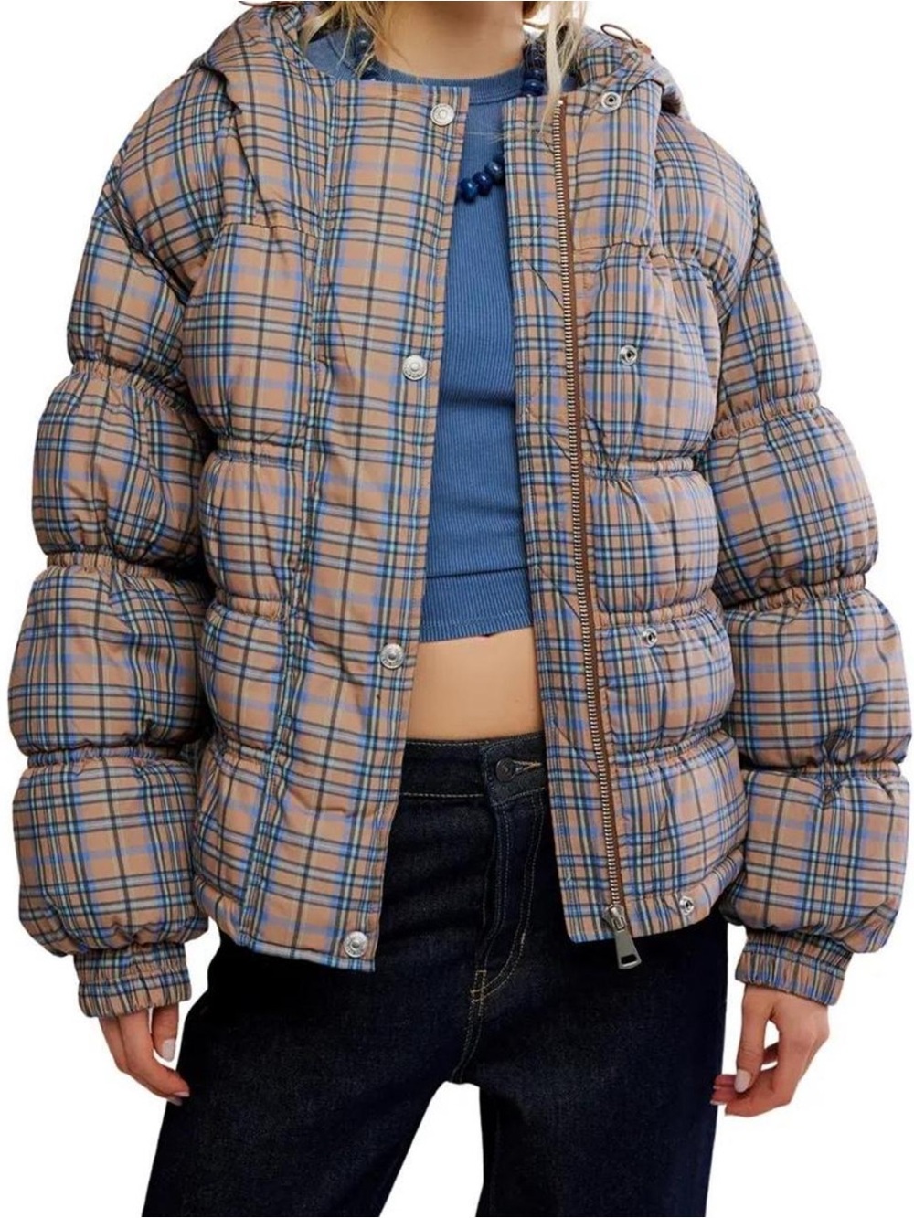 Plaid Puffer Jacket in Tan and Blue